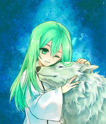 Rule 34 | 1boy, androgynous, bad id, bad pixiv id, enkidu (fate), fate/strange fake, fate (series), green eyes, green hair, male focus, matching hair/eyes, robe, sanme, solo, wink, wolf
