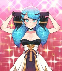 Rule 34 | 1girl, :p, ahoge, arms up, black bow, black gloves, blush, bow, breasts, cleavage, collarbone, commentary request, dress, drill hair, female focus, gloves, green eyes, green hair, gwen (league of legends), hair bow, highres, hoshino ai (oshi no ko), kimtoxic, korean commentary, large breasts, league of legends, long hair, looking at viewer, medium breasts, oshi no ko, pose imitation, smile, solo, straight-on, tongue, tongue out, twin drills, twintails, v, v over eye