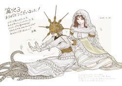 Rule 34 | 1boy, 1girl, :d, absurdres, animal, ara 4x4, armlet, blush, bracelet, breasts, brother and sister, brown hair, cleavage, covered eyes, crossdressing, dark souls (series), dark souls i, dark sun gwyndolin, dated, dress, gold headwear, grey hair, highres, jewelry, large breasts, long sleeves, male focus, male with breasts, open mouth, pale skin, queen of sunlight gwynevere, short hair, siblings, sitting, smile, snake, spiked helmet, stretching, sweat, translation request, trap, veil, white dress