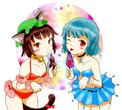 Rule 34 | 2girls, :p, aged down, animal ears, aqua hair, bare shoulders, bell, between legs, bikini, blush, brown hair, cat ears, cat girl, cat tail, chamaruk, chen, child, choker, collar, face, female focus, flat chest, food, hat, jewelry, jingle bell, karakasa obake, licking, multiple girls, neck bell, one eye closed, paw pose, popsicle, red eyes, ribbon, short hair, skirt, smile, strapless, swimsuit, tail, tail between legs, tail ornament, tail ribbon, tatara kogasa, tongue, tongue out, touhou, umbrella, wink, wrist cuffs