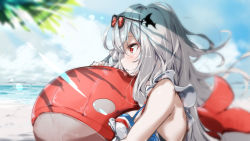 Rule 34 | 1girl, arknights, bare shoulders, beach, breasts, commentary request, eyewear on head, female focus, from side, grey hair, hair ornament, hellnyaa, highres, holding, holding toy, inflatable orca, inflatable toy, long hair, medium breasts, no headwear, off-shoulder shirt, off shoulder, official alternate costume, outdoors, red eyes, shirt, short sleeves, skadi (arknights), skadi (waverider) (arknights), solo, sunglasses, swimsuit, toy, upper body, whale hair ornament, white shirt