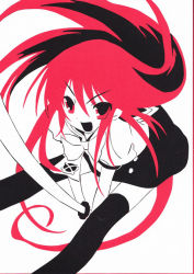 Rule 34 | 1girl, alastor (shakugan no shana), arms between legs, aru (photozou), black hair, border, eyes visible through hair, flat color, jewelry, kirigami, long hair, multicolored hair, open mouth, paper cutout (medium), papercraft, red eyes, red hair, ribbon, school uniform, shakugan no shana, shana, solo, solo focus, sword, thighhighs, traditional media, weapon, white background, white ribbon