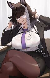 Rule 34 | 1girl, animal ears, blush, borrowed character, braid, breasts, covered eyes, crossed legs, formal, gift art, glasses, hair over eyes, highres, large breasts, legs, long bangs, long braid, long hair, looking at viewer, nyantcha, office lady, open mouth, original, pantyhose, parted lips, pencil skirt, single braid, sitting, skirt, smile, solo, thick thighs, thighs, wolf ears, wolf girl