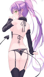 Rule 34 | 1girl, absurdres, ass, back, backboob, backless dress, backless outfit, black garter straps, black panties, black sleeves, black thighhighs, breasts, commentary request, demon girl, demon tail, detached sleeves, dress, earrings, from behind, garter straps, green eyes, hair ornament, hairclip, highres, hololive, jewelry, long hair, looking at viewer, looking back, medium breasts, meme attire, multicolored hair, naked sweater, panties, pink hair, purple hair, signature, simple background, solo, somnya, sweater, tail, thighhighs, tokoyami towa, turtleneck, turtleneck sweater, underwear, virgin killer sweater, virtual youtuber, white background