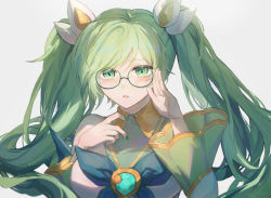 Rule 34 | 1girl, :o, bare shoulders, black-framed eyewear, bow, bowtie, breasts, collared shirt, detached sleeves, gem, green bow, green bowtie, green hair, grey background, hair ornament, hands up, highres, kaedetou, large breasts, league of legends, long hair, long sleeves, open mouth, round eyewear, shirt, simple background, sona (league of legends), star guardian sona, twintails