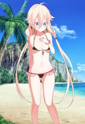 Rule 34 | 1girl, ahoge, alternate hairstyle, beach, bikini, blue eyes, blush, cloud, day, hand on own chest, ia (vocaloid), long hair, mofuruo, ocean, outdoors, palm tree, silver hair, sky, solo, swimsuit, tree, twintails, vocaloid, water