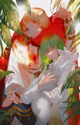 Rule 34 | 1boy, 1other, androgynous, animal, blonde hair, bracelet, center opening, earrings, enkidu (fate), fate/grand order, fate/strange fake, fate (series), gem, gilgamesh (fate), green eyes, green hair, hand on own hip, highres, holding, holding animal, jewelry, light green hair, long hair, looking at viewer, necklace, red eyes, red gemstone, robe, shei99, short hair, toga, upper body, very long hair, white robe, wolf