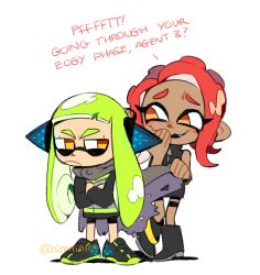 Rule 34 | agent 3 (splatoon), agent 8 (splatoon), cape, green hair, inkling, inkling girl, inkling player character, nintendo, octoling, octoling girl, octoling player character, red hair, splatoon (series), splatoon 2, splatoon 2: octo expansion, tentacle hair