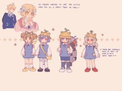 Rule 34 | 2boys, 4girls, :d, aether (genshin impact), ahoge, bell, black footwear, blonde hair, blue dress, blue shorts, blue thighhighs, blue vest, braid, child, closed mouth, commentary, crying, dress, english commentary, english text, flower, genshin impact, hair bell, hair ornament, hat, highres, holding hands, jingle bell, kindergarten uniform, klee (genshin impact), long hair, lumine (genshin impact), mary janes, multiple boys, multiple girls, open mouth, pink eyes, purple hair, qiqi (genshin impact), red eyes, red footwear, school hat, shirt, shoes, shorts, smile, socks, sooooooooooup, sprout, sprout on head, teucer (genshin impact), thighhighs, twintails, very long hair, vest, white footwear, white legwear, white shirt, yaoyao (genshin impact), yellow bag, yellow eyes, yellow footwear