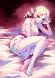 Rule 34 | 1girl, arm support, atlus, bare shoulders, barefoot, between legs, between thighs, blonde hair, blue eyes, blush, breasts, catherine, catherine (game), cleavage, dress, drill hair, feet, hand between legs, head rest, hiiro yuki, legs, light smile, long legs, looking at viewer, reclining, smile, solo, strap slip, thighs, toes
