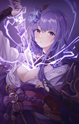 Rule 34 | 1girl, absurdres, armor, blunt bangs, blush, breasts, cleavage, electricity, flower, genshin impact, hair flower, hair ornament, highres, holding, holding weapon, human scabbard, japanese clothes, kimono, large breasts, long hair, nail polish, obi, purple eyes, purple flower, purple hair, purple kimono, purple nails, raiden shogun, sash, shoulder armor, solo, weapon, zipgaemi