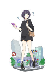 Rule 34 | 1girl, ?, artist name, artist request, asaka karin, bag, bare legs, black footwear, black shirt, black sweater, blue eyes, blue hair, blush, boots, bracelet, breasts, building, cellphone, city, collared shirt, dark blue hair, female focus, full body, high heel boots, high heels, holding, holding cellphone, holding phone, jewelry, looking at viewer, love live!, love live! nijigasaki high school idol club, nail, nail polish, parted lips, phone, pink nails, pink nails, question mark, road, shirt, short hair, short sleeves, shoulder bag, sign, small breasts, smile, solo, standing, street, sweater, traffic light, white background, wing collar