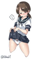 Rule 34 | ..., 10s, 1girl, bad id, bad twitter id, black skirt, blush, bow, bow panties, brown hair, closed eyes, closed mouth, clothes lift, collarbone, cowboy shot, cropped legs, ebifurya, gluteal fold, highres, inactive account, kantai collection, lifted by self, low twintails, panties, pink bow, pleated skirt, school uniform, serafuku, shirayuki (kancolle), short sleeves, short twintails, simple background, skirt, skirt lift, solo, speech bubble, spoken ellipsis, sweat, tears, twintails, twitter username, underwear, white background, white panties