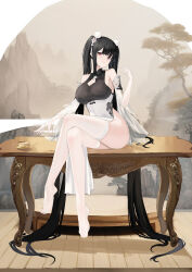 Rule 34 | 1girl, absurdly long hair, absurdres, azur lane, bare shoulders, black hair, breasts, china dress, chinese clothes, cleavage, cleavage cutout, clothing cutout, crossed legs, dress, elbow gloves, full body, gloves, hair ornament, highres, indoors, large breasts, long hair, looking at viewer, official alternate costume, official alternate hairstyle, pelvic curtain, peter strasser (azur lane), peter strasser (lustrous jade of the golden house) (azur lane), red eyes, sitting, sitting on table, solo, suo bu ye feng, thighhighs, twintails, two-tone dress, very long hair, white gloves, white thighhighs, wooden floor