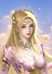 Rule 34 | 1girl, absurdres, artist request, bare shoulders, blonde hair, blue eyes, blue sky, closed mouth, cloud, detached collar, detached sleeves, douluo dalu, dress, falling petals, hair ornament, highres, long hair, looking at viewer, petals, qian renxue (douluo dalu), second-party source, sky, solo, upper body, white dress