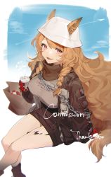 Rule 34 | 1girl, absurdres, aircraft, airplane, animal ears, arknights, arm support, bag, belt buckle, black jacket, blue sky, boots, braid, breasts, brown hair, brown skirt, buckle, ceobe (arknights), ceobe (unfettered) (arknights), chain, collared shirt, commentary request, commission, contrail, cup, disposable cup, dog ears, dog girl, dog tail, drink, drinking straw, dutch angle, ears through headwear, eyes visible through hair, fang, gloves, highres, holding, holding drink, jacket, light blush, long hair, looking at viewer, material growth, miniskirt, naruuuuuunnn, open mouth, oripathy lesion (arknights), oversized clothes, paper bag, pocket, red eyes, red gloves, shirt, sitting, skin fang, skirt, sky, smile, socks, solo, tail, twin braids, very long hair, white background, white headwear