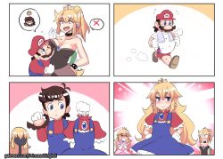 Rule 34 | 1boy, 2girls, adapted costume, beard, blonde hair, blue eyes, blue gemstone, blush, bottle, bowsette, breasts, cleavage, closed eyes, comic, crossdressing, crown, dress, drooling, earrings, facial hair, flying sweatdrops, gem, gloves, height difference, hinghoi, horns, huffing, jewelry, jogging, large breasts, long hair, mariette, mario, mario (series), multiple girls, new super mario bros. u deluxe, nintendo, one eye closed, open mouth, pants, pinafore dress, ponytail, princess peach, props, saliva, sharp teeth, shell, silent comic, sleeveless dress, smile, spikes, super crown, surprised, sweat, teeth, tiara, track pants, trap, turtle shell, water bottle, watermark, web address, white gloves, wig