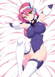 Rule 34 | 1girl, armpits, arms up, bed sheet, blush, boots, breasts, crueltear, female focus, large breasts, leotard, long hair, nonsugar, pink hair, skin tight, smile, solo, thigh boots, thighhighs, trigger heart exelica, white background, white thighhighs, yellow eyes