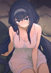 Rule 34 | 1girl, black eyes, black hair, blue archive, blush, breasts, camisole, cleavage, closed mouth, collarbone, covered erect nipples, cowboy shot, grey hairband, hair between eyes, hairband, hatahata (hnuj4272), highres, large breasts, long hair, looking at viewer, pubic hair, see-through, solo, spaghetti strap, ui (blue archive), white camisole