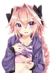 Rule 34 | 1boy, :d, astolfo (fate), astolfo (memories at trifas) (fate), bad id, bad pixiv id, black bow, black ribbon, blush, bow, bra, braid, breast pocket, clothes lift, commentary request, eyes visible through hair, fang, fate/apocrypha, fate (series), hair between eyes, hair bow, hair intakes, hair ribbon, hand on own chest, hands up, head tilt, hood, hood down, hoodie, long hair, long sleeves, looking at viewer, male focus, multicolored hair, nekomiya noru (yuduki710), official alternate costume, open clothes, open hoodie, open mouth, pink bra, pink hair, pocket, purple eyes, purple hoodie, purple shirt, ribbon, shirt, shirt lift, simple background, single braid, smile, solo, streaked hair, striped clothes, striped shirt, trap, underwear, upper body, white background, white hair, white shirt
