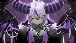 Rule 34 | 1girl, ahoge, black coat, black horns, braid, braided bangs, chest harness, coat, commentary, demon girl, demon horns, demon lord (vocaloid), demon wings, double-parted bangs, dress, evil smile, eyeliner, gloves, grey dress, grey hair, hands on own cheeks, hands on own face, harness, highres, hololive, horns, huge horns, inumata ichini, la+ darknesss, la+ darknesss (1st costume), limited palette, long hair, long sleeves, looking at viewer, makeup, multicolored hair, neckerchief, o-ring, o-ring top, official art, pointy ears, purple gloves, purple hair, red eyeliner, sleeveless, sleeveless dress, slit pupils, smile, solo, streaked hair, striped horns, torn wings, upper body, very long hair, virtual youtuber, wings, yellow eyes, yellow neckerchief