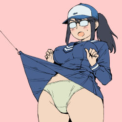Rule 34 | 1girl, baseball cap, black-framed eyewear, blue dress, blue hat, blue necktie, blush, commentary, crotch seam, dress, fishing hook, fishing line, frown, glasses, green panties, hat, highres, houkago teibou nisshi, lifting another&#039;s clothes, long sleeves, looking at viewer, medium hair, necktie, onsen tamago (hs egg), oono makoto, opaque glasses, open mouth, over-rim eyewear, panties, pink background, pleated dress, ponytail, sailor dress, semi-rimless eyewear, short dress, sidelocks, simple background, solo, standing, sweatdrop, underwear