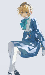Rule 34 | 1girl, absurdres, aegis (persona), android, black footwear, blonde hair, blue dress, blue eyes, dress, grey background, hair between eyes, highres, invisible chair, long sleeves, looking at viewer, ooc (sylyaoh), panties, parted lips, persona, persona 3, shoes, short hair, simple background, sitting, solo, underwear, white panties