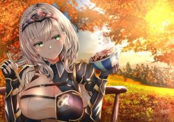 Rule 34 | 1girl, armor, autumn, autumn leaves, beef, black gloves, blue collar, blush, bowl, braid, breasts, chest belt, chest harness, chopsticks, cleavage, collar, dated, day, eating, fingerless gloves, food, gloves, gold trim, green eyes, gyuudon, hair between eyes, harness, highres, holding, holding bowl, holding chopsticks, holding food, hololive, large breasts, looking to the side, medium hair, nakura haru, nature, o-ring, outdoors, scenery, shirogane noel, shirogane noel (1st costume), shoulder armor, signature, silver hair, sitting, smile, solo, steam, tree, upper body, virtual youtuber, wooden chair, wrist guards