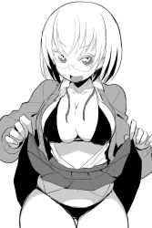 Rule 34 | 1girl, bikini, bracer, breasts, cleavage, glasses, greyscale, heart, heart-shaped pupils, highres, ken (koala), large breasts, looking at viewer, md5 mismatch, monochrome, open clothes, open mouth, original, pleated skirt, school uniform, short hair, simple background, skirt, smile, solo, swimsuit, symbol-shaped pupils, underwear, upskirt, white background