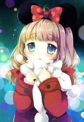 Rule 34 | 1girl, :o, blue eyes, blush, bow, brown hair, coat, commentary request, flying sweatdrops, hair bow, hands up, higanbana no saku yoru ni, kusunoki midori, long hair, long sleeves, mickey mouse ears, parted lips, polka dot, polka dot bow, pom pom (clothes), red bow, red coat, sakurazawa izumi, scarf, sleeves past wrists, solo, upper body, white bow, white scarf