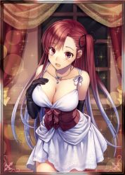 Rule 34 | 00s, 10s, 1girl, black gloves, black ribbon, breasts, brown eyes, cleavage, collarbone, dress, gloves, hair ribbon, indoors, large breasts, leaning forward, long hair, lowres, multicolored hair, necktie, one side up, open mouth, red hair, ribbon, riela marcellis, senjou no valkyria (series), senjou no valkyria 3, silver hair, solo, two-tone hair, white dress, window, yamigo
