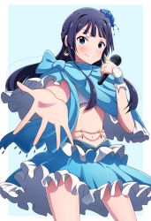 Rule 34 | 10s, 1girl, absurdres, bad id, bad pixiv id, black hair, blue eyes, dress, highres, idolmaster, idolmaster million live!, long hair, looking at viewer, microphone, mogami shizuka, outstretched arm, smile, solo, wkdnlwoddl