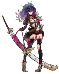 Rule 34 | 1girl, belt, black hair, brown gloves, full body, full moon, gloves, high heels, long hair, looking at viewer, mins (minevi), moon, original, ponytail, red eyes, shoulder pads, simple background, solo, sword, thighhighs, torn clothes, torn thighhighs, weapon, white background