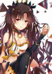Rule 34 | 1girl, bad id, bad pixiv id, black ribbon, black thighhighs, breasts, brown eyes, brown hair, choker, chromatic aberration, cleavage, crop top, detached sleeves, earrings, fate/grand order, fate (series), hair ribbon, highres, holding, holding hair, ishtar (fate), jewelry, long hair, matching hair/eyes, medium breasts, ribbon, shiny skin, slass, smile, solo, thighhighs, tohsaka rin