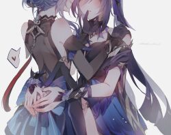 Rule 34 | 2girls, back bow, black dress, black gloves, blue hair, blush, bow, commentary, cowboy shot, dress, elbow gloves, finger to another&#039;s mouth, ganyu (genshin impact), genshin impact, gloves, grey background, hand on another&#039;s shoulder, hands on another&#039;s waist, heart, highres, keqing (genshin impact), long hair, multiple girls, nutthanunkhomk1, parted lips, purple hair, simple background, sleeveless, sleeveless dress, smile, spoken heart, twintails, yuri