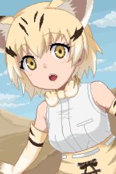 Rule 34 | 10s, 1girl, :o, animal ears, bare shoulders, blonde hair, bow, bowtie, cat ears, cloud, cloudy sky, day, desert, elbow gloves, gloves, kemono friends, looking at viewer, multicolored hair, nyifu, open mouth, pixel art, sand cat (kemono friends), shirt, short hair, skirt, sky, sleeveless, sleeveless shirt, solo, yellow bow, yellow bowtie