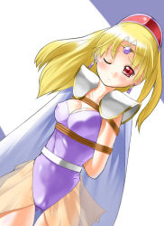 Rule 34 | 1990s (style), 1girl, armor, bdsm, blonde hair, bondage, bound, breasts, covered erect nipples, final fantasy, final fantasy iv, medium breasts, nagase haruhito, one eye closed, pauldrons, red eyes, rosa farrell, shoulder armor, solo