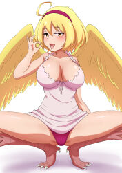 Rule 34 | 1girl, ahoge, bare shoulders, bird legs, bird wings, blonde hair, blush, breasts, collarbone, eldri, gluteal fold, groin tendon, hairband, hand gesture, hand up, harpy, highres, ishuzoku reviewers, large breasts, lingerie, looking at viewer, misokanaru, monster girl, panties, purple hairband, purple panties, scales, sexually suggestive, short hair, simple background, solo, spread legs, squatting, thighs, tongue, tongue out, underwear, white background, wide spread legs, wings, yellow eyes, yellow wings