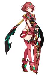Rule 34 | 1girl, absurdres, aegis sword (xenoblade), armor, black gloves, breasts, closed mouth, clothing cutout, earrings, fingerless gloves, floating hair, framed breasts, full body, gem, gloves, hair ornament, headpiece, highres, holding, holding sword, holding weapon, jewelry, large breasts, leotard, light smile, looking at viewer, neon trim, official art, piercing, planted, planted sword, planted weapon, pyra (xenoblade), red eyes, red footwear, red hair, red shorts, red thighhighs, saitou masatsugu, shiny clothes, shoes, short hair, short shorts, short sleeves, shorts, side cutout, sidelocks, skin tight, skindentation, smile, solo, standing, swept bangs, sword, tareme, thighhighs, tiara, transparent background, turtleneck, underbust, vambraces, weapon, xenoblade chronicles (series), xenoblade chronicles 2