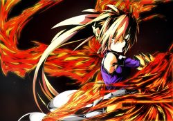 Rule 34 | 00s, 1girl, bare shoulders, blonde hair, breasts, bygddd5, fiery wings, fire, fire, gauntlets, highres, long hair, lyrical nanoha, mahou shoujo lyrical nanoha strikers, ponytail, signum, small breasts, solo, unison (nanoha), yellow eyes