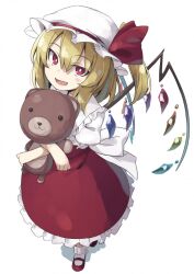 Rule 34 | 1girl, abarabone, back bow, blonde hair, bobby socks, bow, clip studio paint (medium), crossed arms, crystal, fang, flandre scarlet, frilled shirt collar, frilled skirt, frilled sleeves, frills, full body, hair between eyes, hat, hat ribbon, highres, holding, holding stuffed toy, large bow, looking at viewer, mary janes, medium hair, mob cap, multicolored wings, open mouth, puffy short sleeves, puffy sleeves, red eyes, red footwear, red ribbon, red skirt, red vest, ribbon, shadow, shirt, shoes, short sleeves, simple background, skirt, socks, solo, standing, stuffed animal, stuffed toy, teddy bear, touhou, vest, white background, white bow, white hat, white shirt, white socks, wings