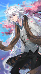 Rule 34 | 1boy, blue sky, cherry blossoms, day, fate/grand order, fate (series), hands in pockets, highres, jacket, long hair, looking at viewer, male focus, merlin (fate), merlin (traveling outfit) (fate), petals, purple eyes, scarf, sky, smile, solo, suit jacket, tuanzi miao, white hair