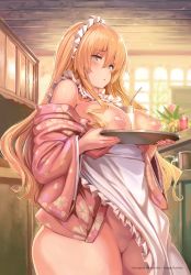 Rule 34 | 1girl, apron, bare shoulders, bendy straw, blonde hair, blue eyes, blush, bottomless, breasts, breasts out, closed mouth, curvy, drink, drinking straw, eyelashes, frilled apron, frills, glasses, hair between eyes, highres, holding, holding tray, indoors, large breasts, long hair, long sleeves, looking at viewer, maid, maid apron, maid headdress, nipples, no bra, no panties, non-web source, open clothes, original, plant, potted plant, shiokonbu, sidelocks, solo, sweatdrop, thick thighs, thighs, tray, white apron, wide hips