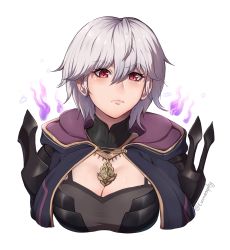 Rule 34 | 1girl, bob cut, breasts, byleth (female) (fire emblem), byleth (fire emblem), cleavage, cleavage cutout, clothing cutout, evomanaphy, fire, fire emblem, frown, furrowed brow, fusion, grima (fire emblem), highres, jacket, looking at viewer, nintendo, purple fire, purple jacket, red eyes, slit pupils, white hair