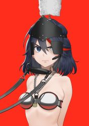 Rule 34 | 1girl, arms behind back, bdsm, black hair, carlo montie, chain necklace, chastity bra, closed mouth, commentary, commission, english commentary, frown, gag, hair between eyes, highres, jewelry, kill la kill, lock, looking at viewer, matoi ryuuko, medium hair, multicolored hair, necklace, one eye covered, red background, red hair, silver bra, simple background, solo, streaked hair, unworn gag, upper body