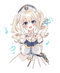 Rule 34 | 1girl, barbara (genshin impact), blonde hair, blue eyes, blush, dress, frilled sleeves, frills, genshin impact, hat, highres, interlocked fingers, long sleeves, looking at viewer, musical note, open mouth, own hands clasped, own hands together, rino cnc, simple background, sketch, solo, teeth, twintails, twitter username, upper teeth only, white background, white dress