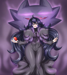 Rule 34 | 1girl, @ @, ahoge, black dress, black eyes, breasts, covered erect nipples, cowboy shot, creatures (company), deep skin, dress, fenrox, game freak, gen 1 pokemon, grabbing, grabbing another&#039;s breast, gradient background, groping, hair between eyes, hairband, haunter, hex maniac (pokemon), highres, huge breasts, impossible clothes, long dress, long hair, long sleeves, looking at viewer, nintendo, open mouth, poke ball, poke ball (basic), pokemon, pokemon (creature), pokemon xy, purple background, purple hair, purple theme, skin tight, smile, standing, teeth, upper teeth only, wavy hair, wide hips
