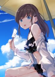 Rule 34 | 1girl, animal print, arm support, bare shoulders, beach umbrella, bikini, black bikini, blue eyes, blue sky, breasts, brown hair, cloud, commentary request, day, fingernails, food, hair between eyes, hair ornament, hairclip, hand up, highres, holding, holding food, jacket, kooan, long hair, long sleeves, looking at viewer, looking to the side, medium breasts, navel, off shoulder, open clothes, open jacket, original, outdoors, popsicle, sidelocks, sitting, sky, solo, summer, sweat, swimsuit, tongue, tongue out, umbrella, white jacket, zebra print