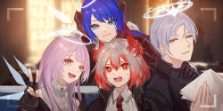 Rule 34 | 00kashian00, 1boy, 3girls, :d, andoain (arknights), arknights, bare shoulders, black gloves, black jacket, blue eyes, blue hair, blurry, blurry background, closed mouth, collared shirt, depth of field, detached wings, energy wings, feather hair, fiammetta (arknights), fingerless gloves, gloves, glowing, gradient hair, grey hair, grey shirt, halo, holding, holding paper, horns, indoors, jacket, lemuen (arknights), long hair, looking at viewer, mostima (arknights), multicolored hair, multiple girls, necktie, off shoulder, open clothes, open jacket, open mouth, paper, parted lips, purple hair, red hair, red necktie, shirt, smile, v, viewfinder, wings