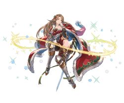 Rule 34 | 10s, 1girl, armor, armored boots, bare legs, boots, bow, breasts, brown hair, cape, earrings, embarrassed, full body, fur trim, gloves, granblue fantasy, hair bow, hair ornament, highleg, highleg leotard, jewelry, katalina (granblue fantasy), leotard, long hair, looking at viewer, minaba hideo, official art, red cape, santa costume, solo, sparkle, strapless, strapless leotard, sword, thighhighs, transparent background, weapon